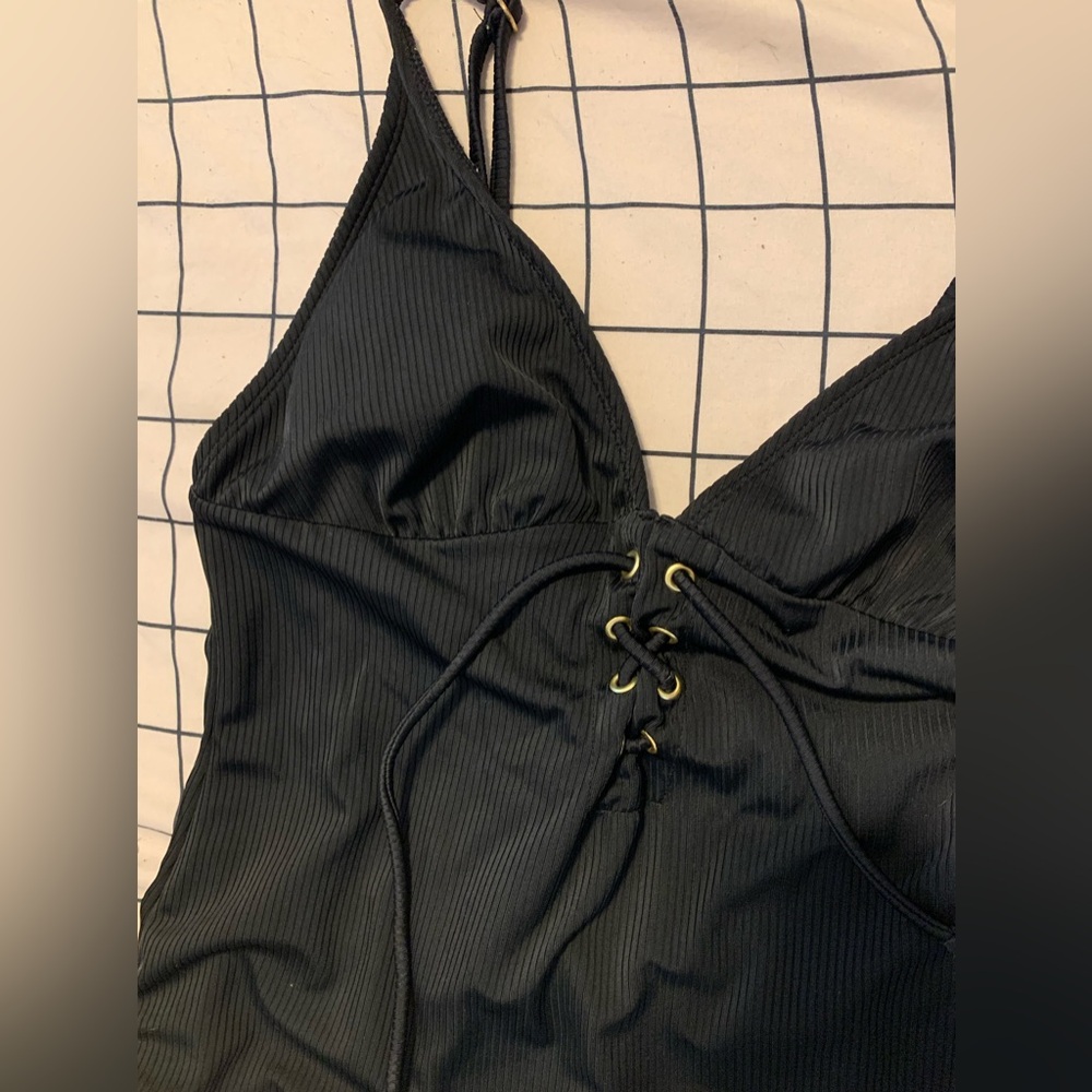 Walmart Nobo Ribbed Lace-Up Swimsuit in Black, Size Women’s Large